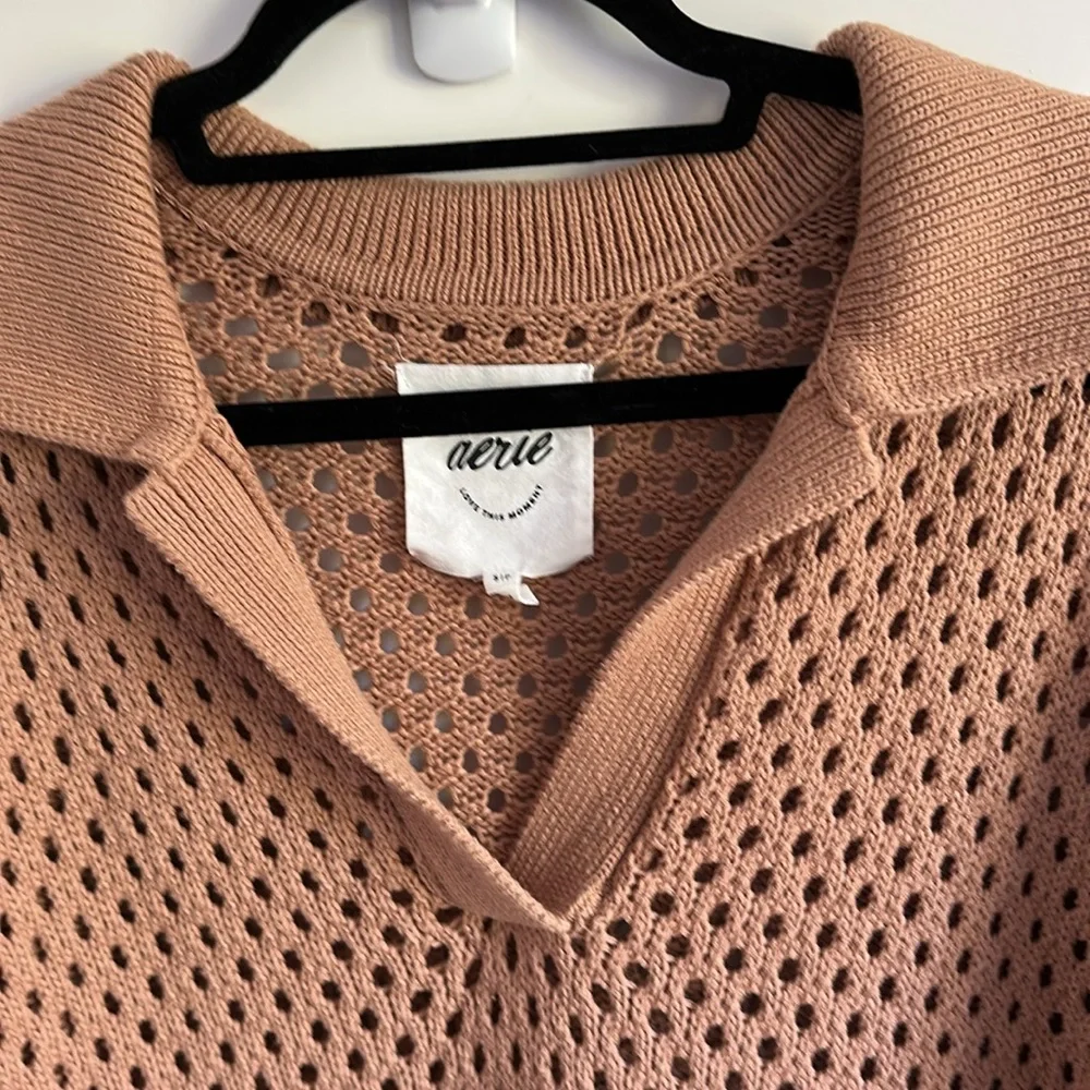 Aerie Cotton Knit Tan V-Neck Polo Sweater with Relaxed Fit Size Small - Picture 3 of 8